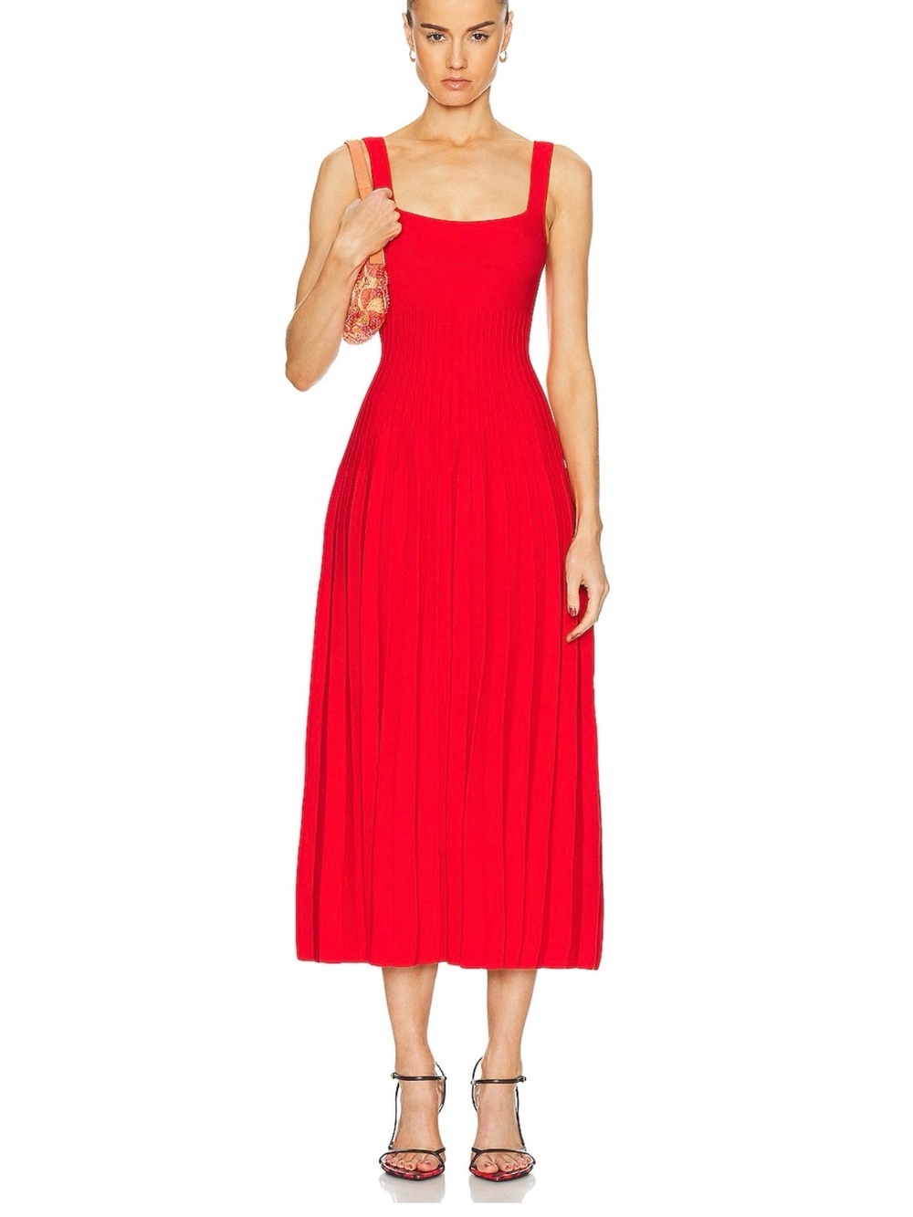 Staud Red Ellison Ribbed Knit Midi Dress - Women's Sleeveless Square Neck Small